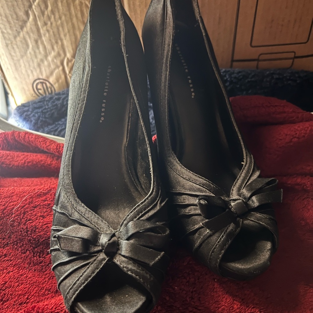 Charlotte Russe Black Peep-Toe Heels with Bow Detail